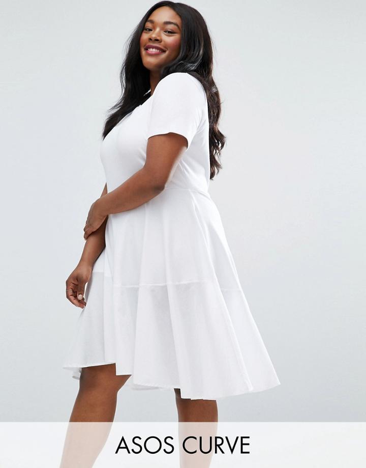 Asos Curve Skater T-shirt Dress With Woven Cotton Hem Detail - White
