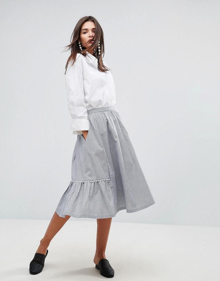Ymc Scalloped Edged Cotton A-line Midi Skirt - Blue
