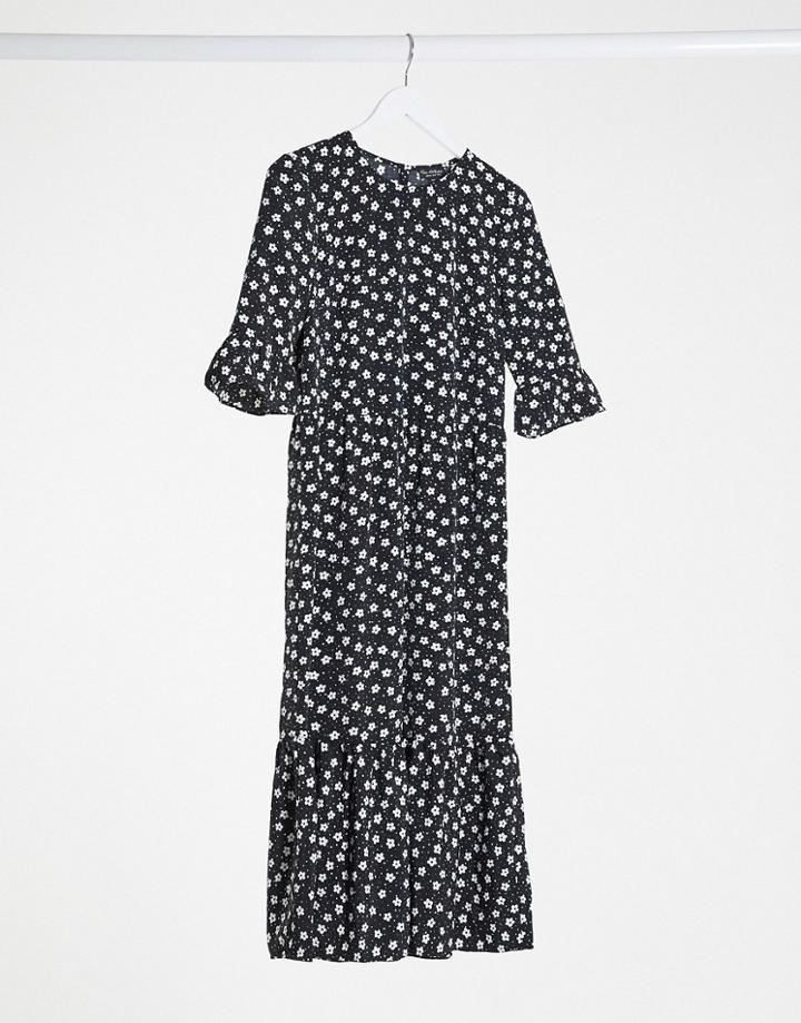 Miss Selfridge Smock Midi Dress In Monochrome Floral-black