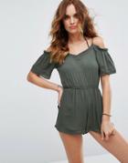 New Look Cold Shoulder Beach Romper - Green