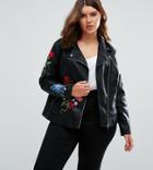 New Look Curve Floral Embroidered Leather Look Jacket - Black