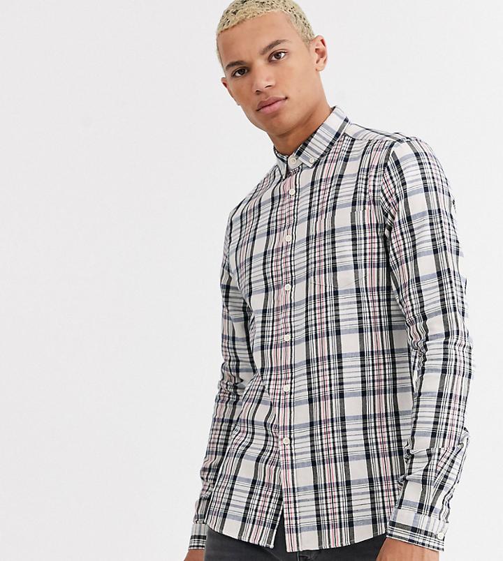 Asos Design Tall Slim Check Shirt In Ecru-white