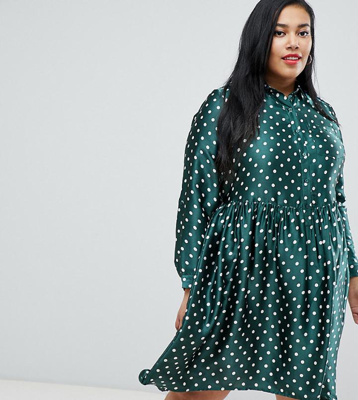 Influence Plus Dip Hem Satin Polka Dot Shirt Dress - Green