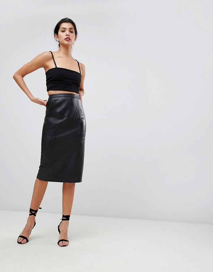 Asos Design Midi Pencil Skirt In Leather-black