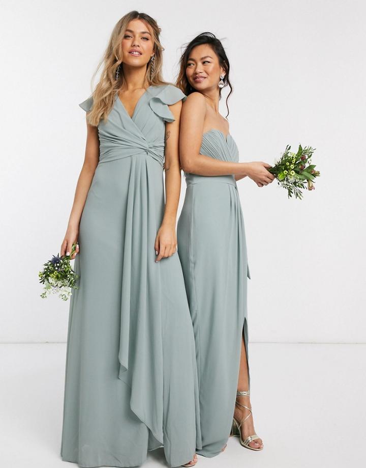Tfnc Bridesmaid Flutter Sleeve Ruffle Detail Maxi Dress In Sage-green