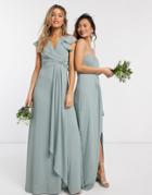 Tfnc Bridesmaid Flutter Sleeve Ruffle Detail Maxi Dress In Sage-green