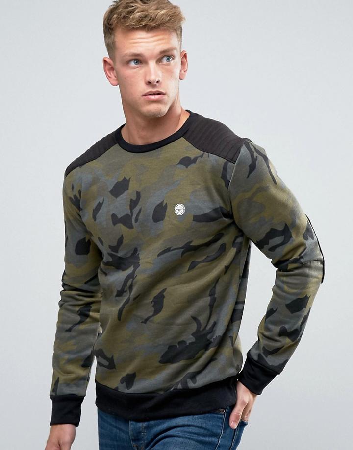 Le Breve Camo Print Crew Neck Sweat Sweater - Green