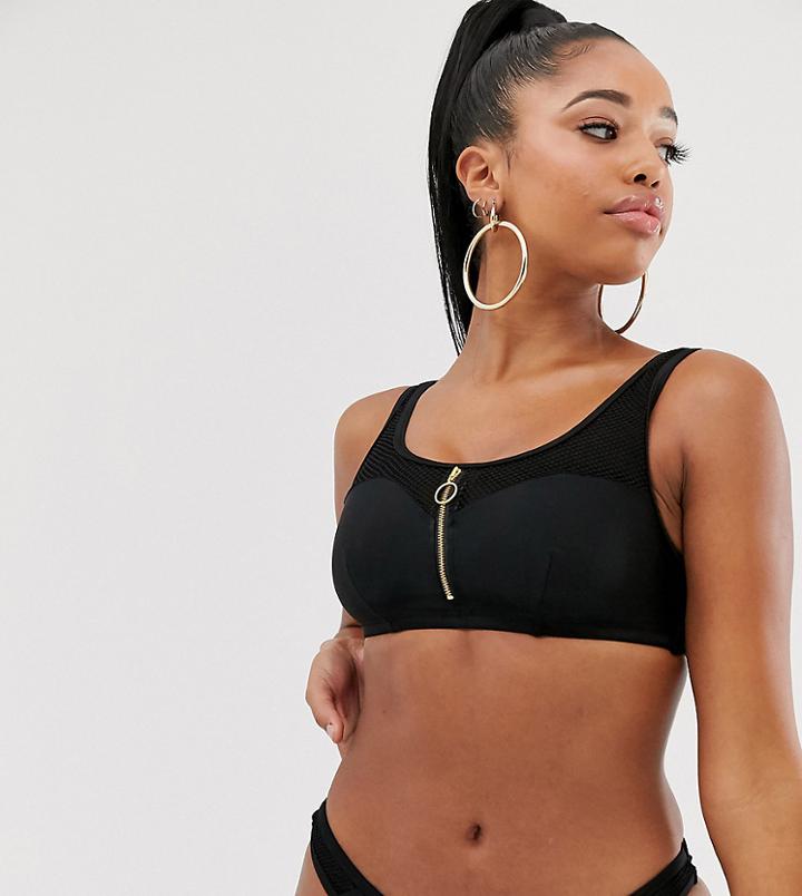 Wolf & Whistle Fuller Bust Exclusive Fishnet Zip Front Crop Top In Black