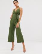 Asos Design Twist Front Strappy Culotte Jumpsuit-green
