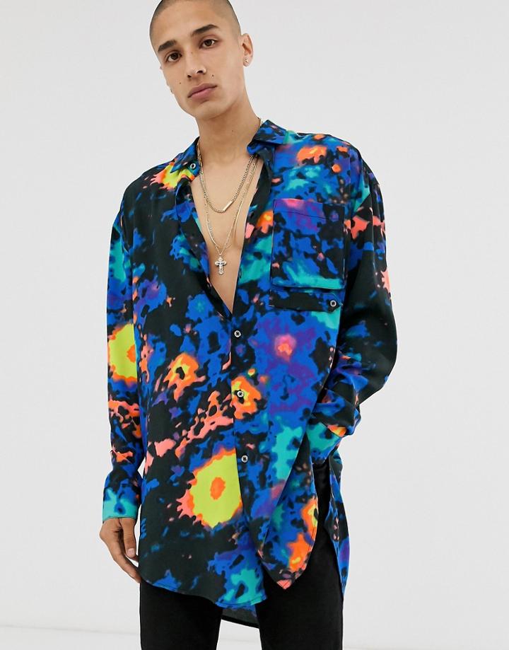 Asos Design Longline Utility Shirt In Camouflage-blue