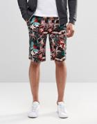 Asos Slim Short In Longer Length With Jungle Print - Black