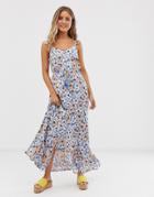 New Look Frill Strap Maxi Dress In Blue Floral - Blue