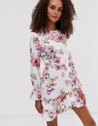 Parisian Floral Mini Dress With Fluted Sleeve Detail-cream