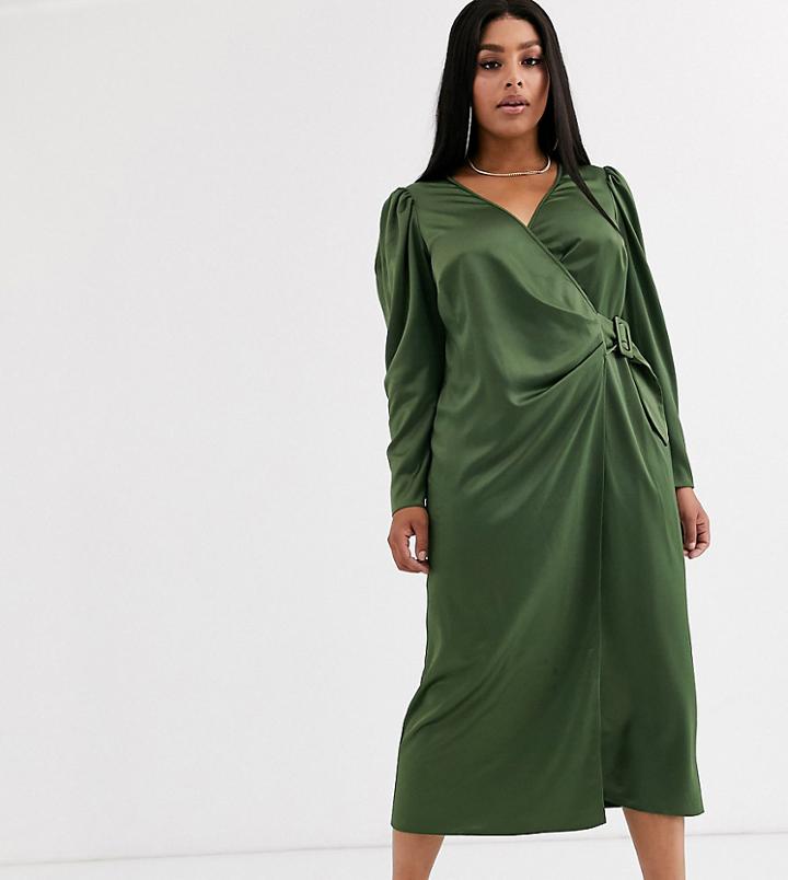 Asos Design Curve Satin Wrap Maxi Dress With Buckle Belt-green