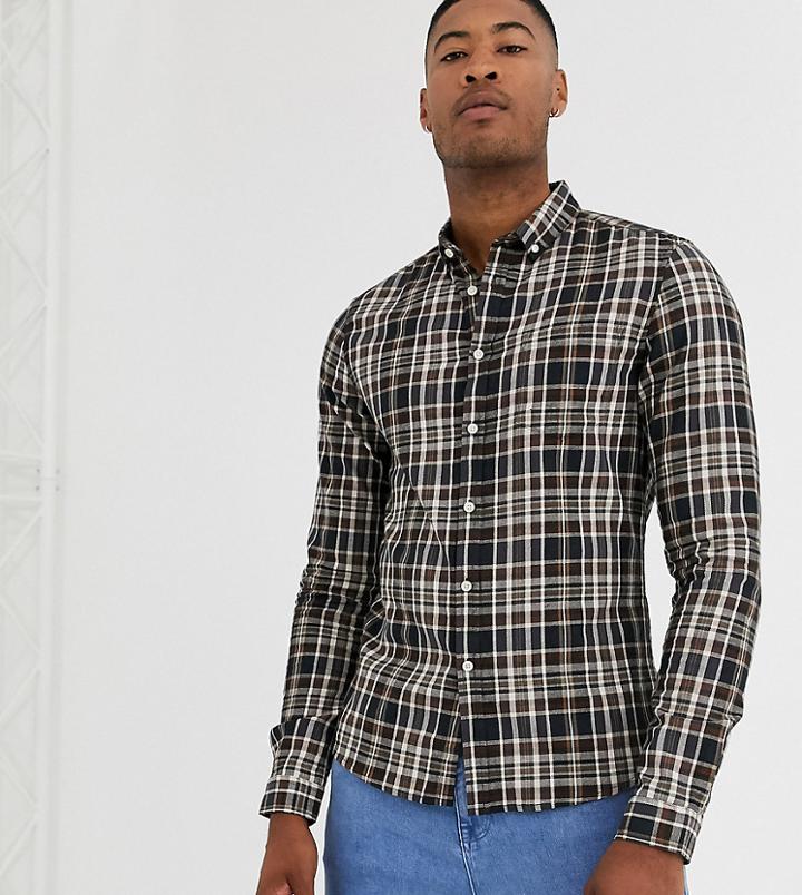 Asos Design Tall Slim Check Shirt In Gray And Brown