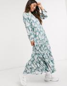 Qed London Tiered Midi Dress In Mint Floral Print-green