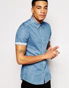 Asos Skinny Denim Shirt With Short Sleeves In Mid Wash - Mid Wash