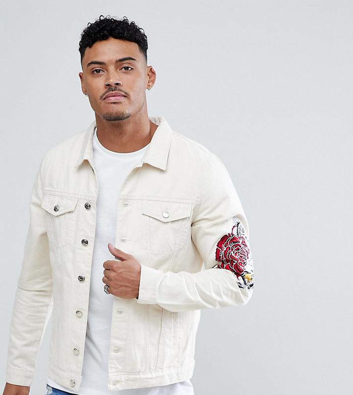 Just Junkies Denim Jacket With Rose Embroidery - White