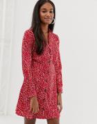 Influence Button Down Collar Detail Dress In Splodge Print-red