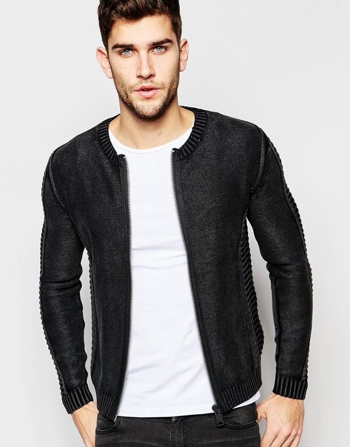 Replay Knit Cardigan Zip Front Rib Detail With Black Treatment - Black Treatment