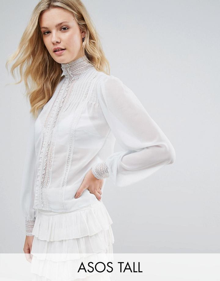 Asos Tall Victoriana Blouse With Pintuck And Lace Detail - Blue