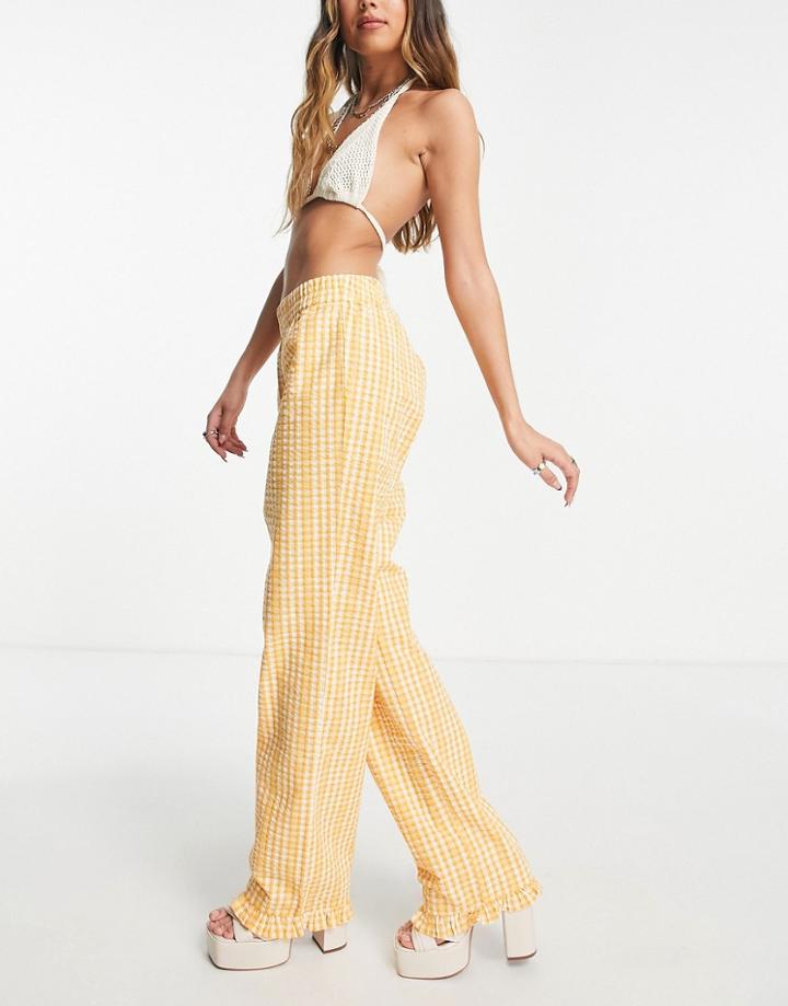 Envii Straight Leg Pants With Ruffle Hem In Apricot Check - Part Of A Set-orange