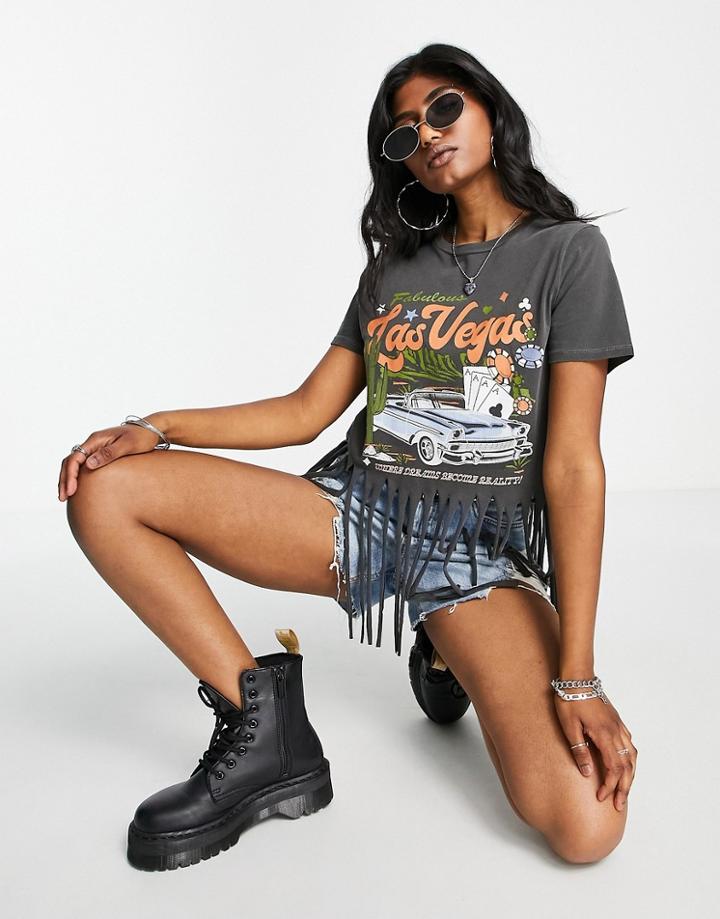 Asos Design T-shirt With Las Vegas Graphic Print And Shredded Hem In Charcoal-gray