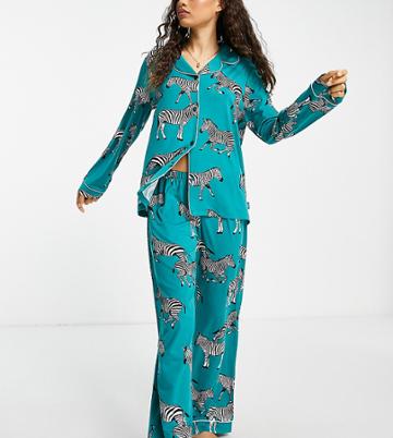 Chelsea Peers Petite Jersey Revere Top And Trouser Pyjama Set In Turquoise Zebra - Turquoise-blues