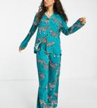 Chelsea Peers Petite Jersey Revere Top And Trouser Pyjama Set In Turquoise Zebra - Turquoise-blues