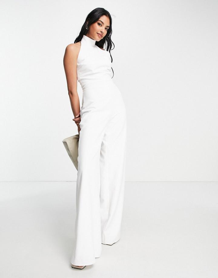True Violet Bridal Halter-neck Wide Leg Jumpsuit In Ivory-white