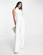 True Violet Bridal Halter-neck Wide Leg Jumpsuit In Ivory-white