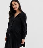 Asos Design Maternity Denim Long Sleeve Button Through Tea Dress In Washed Black-blue