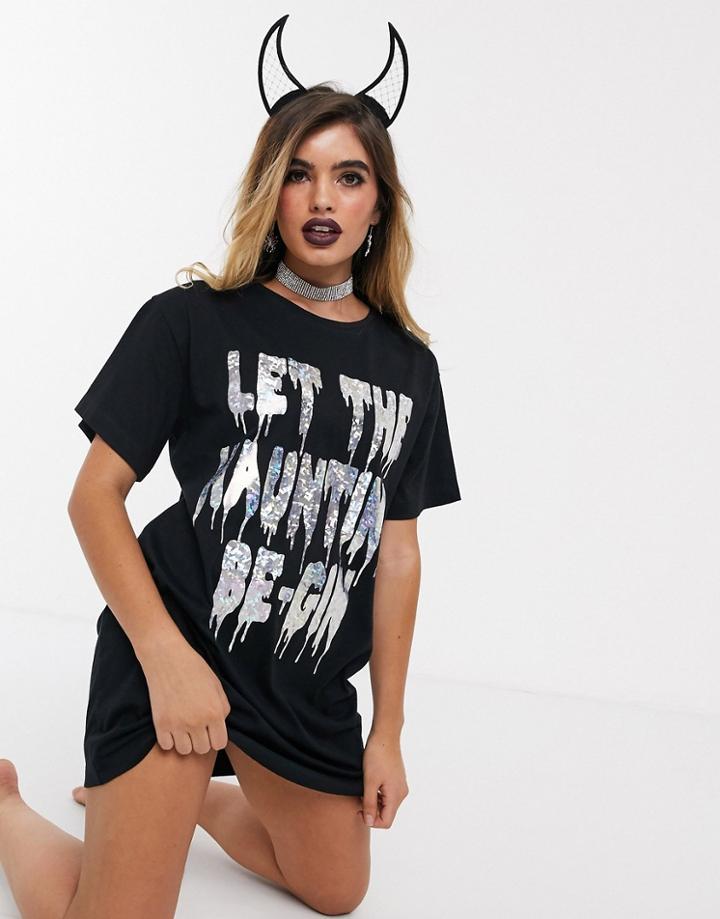 Asos Design Halloween Let The Haunting Be-gin Sleep Tee-black