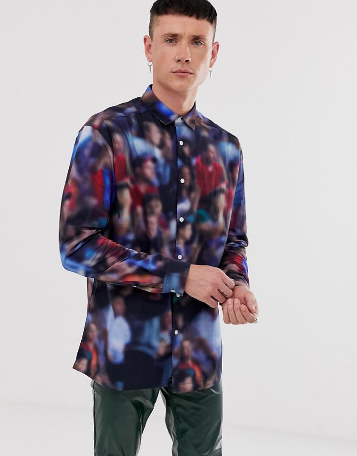 Asos Design Oversized Scenic Print Shirt In Navy - Navy
