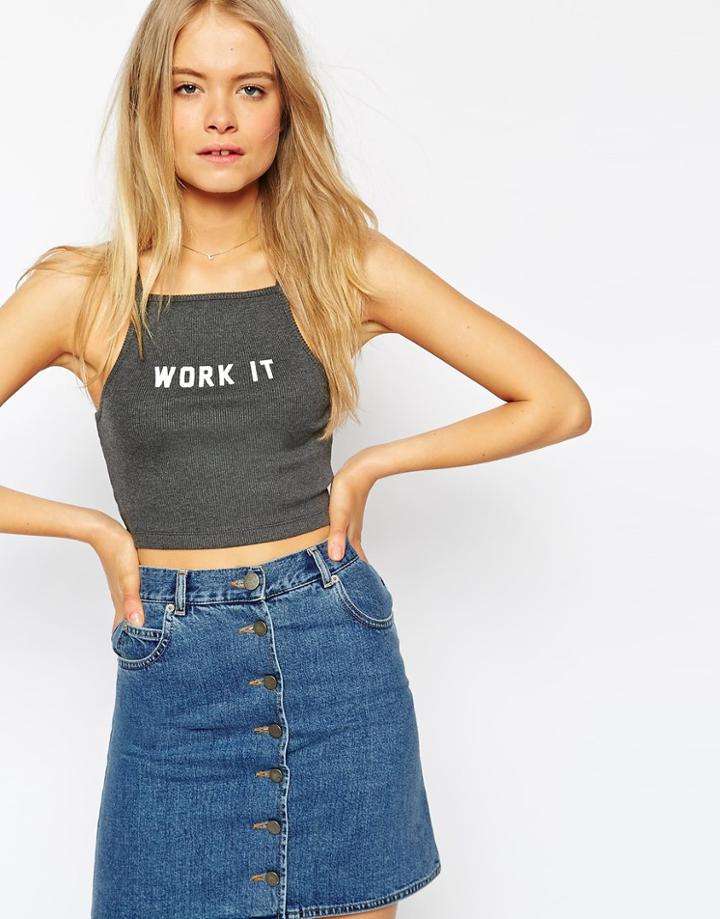 Asos Crop Top With Work It Print - Gray