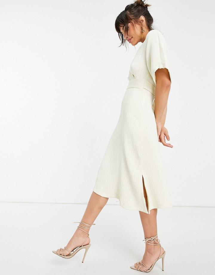 Closet London Kimono Sleeve Wrap Front Midi Dress In Stone-white