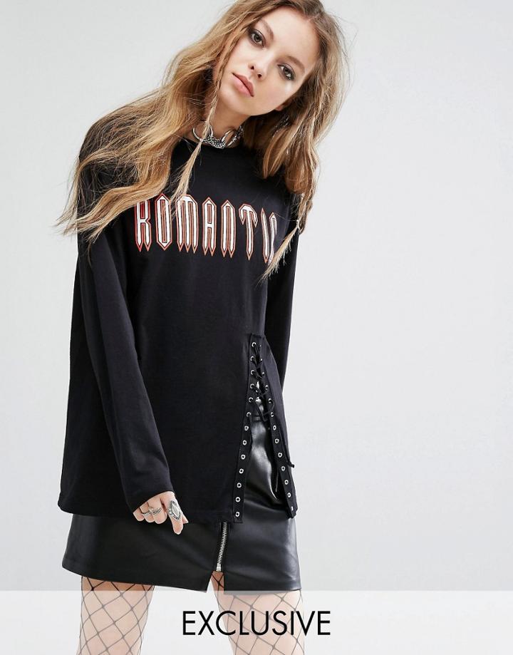 Milk It Vintage Long Sleeve T-shirt With Romantic Text & Lace Up Detail - Black