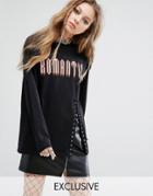 Milk It Vintage Long Sleeve T-shirt With Romantic Text & Lace Up Detail - Black