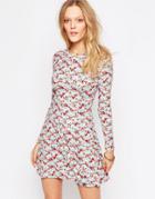 Qed London Long Sleeve Printed Skater Dress - Aqua