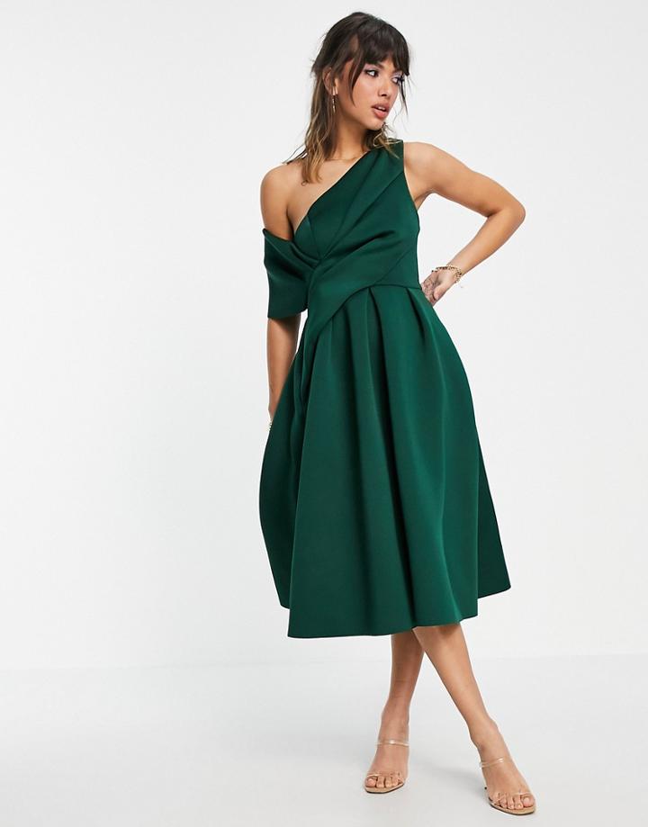 Asos Design Bare Shoulder Prom Midi Dress In Forest Green