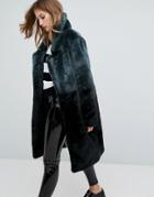 Urbancode Longline Coat In Ombre Faux Fur - Black
