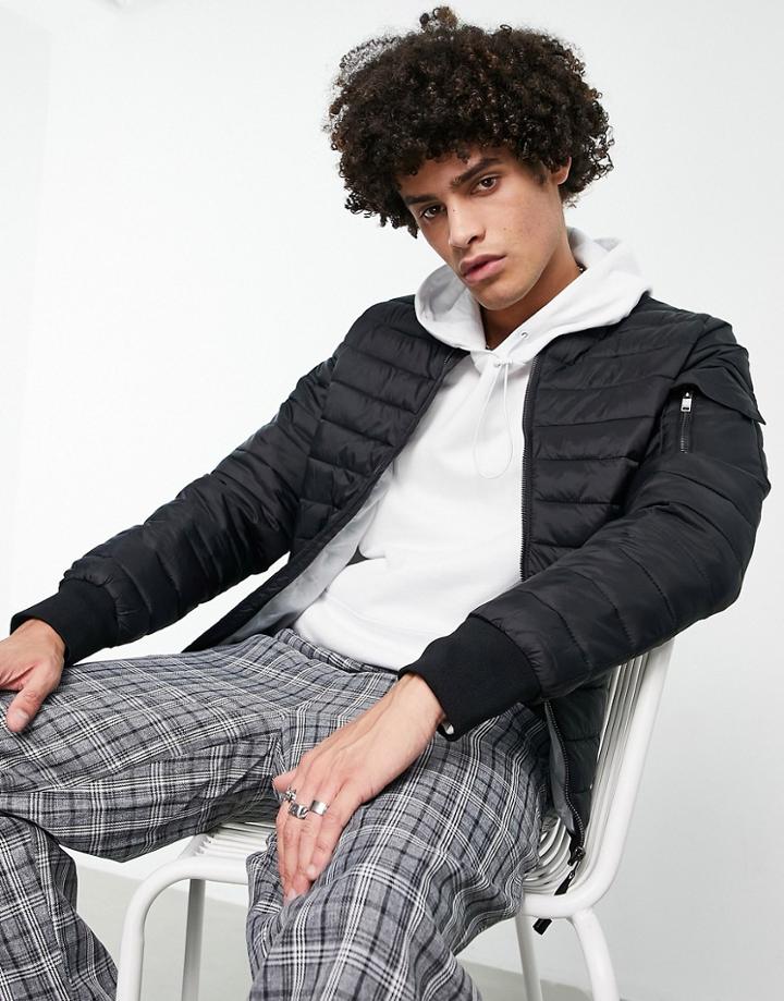 Bershka Quilted Bomber Jacket In Black