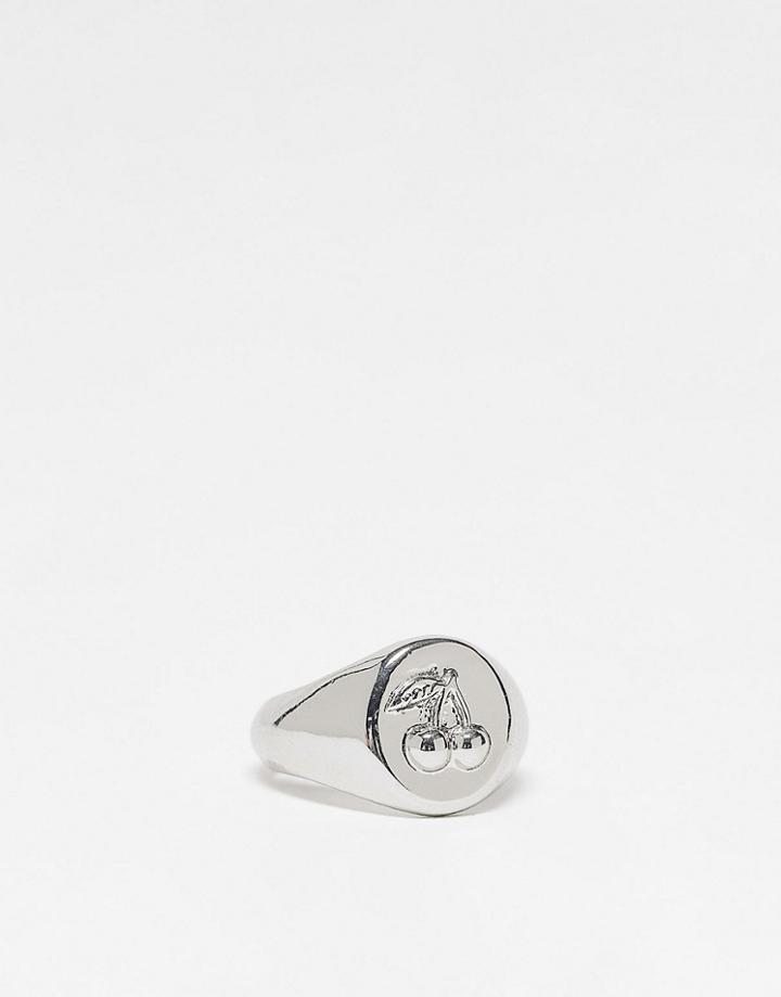 Asos Design Signet Ring With Engraved Cherry Design In Silver Tone