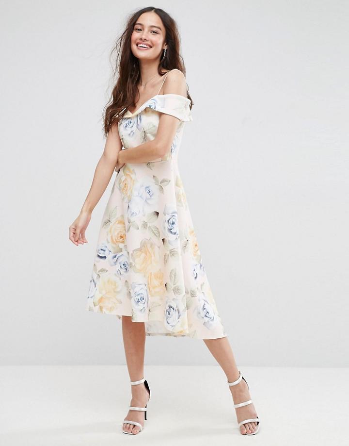 Asos Floral Bardot Scuba Dip Back Midi Skater Dress - Multi