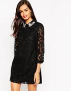 Asos Lace Shift Dress With Embellished Collar - Black