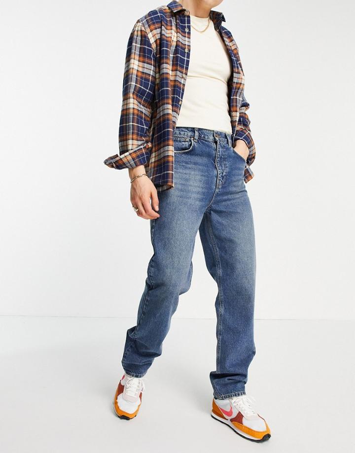 Asos Design Dad Jeans In Vintage Dark Wash With Elastic Waist-blues