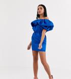 Flounce London Puff Sleeve Bardot Satin Mini Dress With Ruched Waist In Cobalt-blue