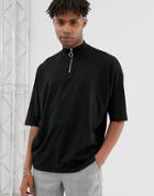 Asos Design Oversized T-shirt With Half Sleeve And Turtle Zip Neck In Black - Black