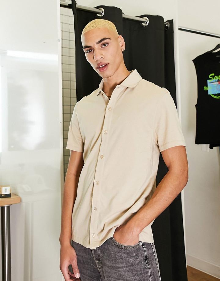 Asos Design Button Through Jersey Shirt In Beige-neutral
