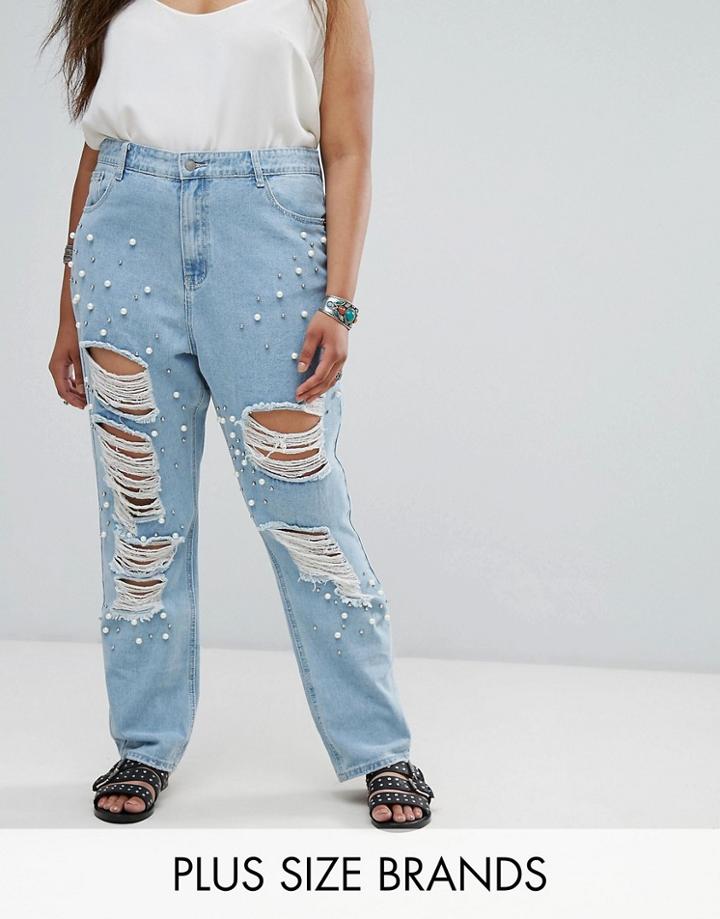 Alice & You Distressed Boyfriend Jean With Pearl Embellishment - Blue
